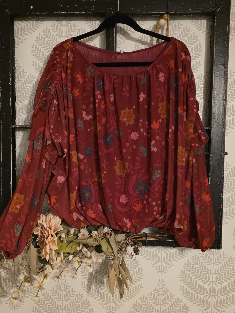 Free People Burgundy Floral Boho Peasant Top